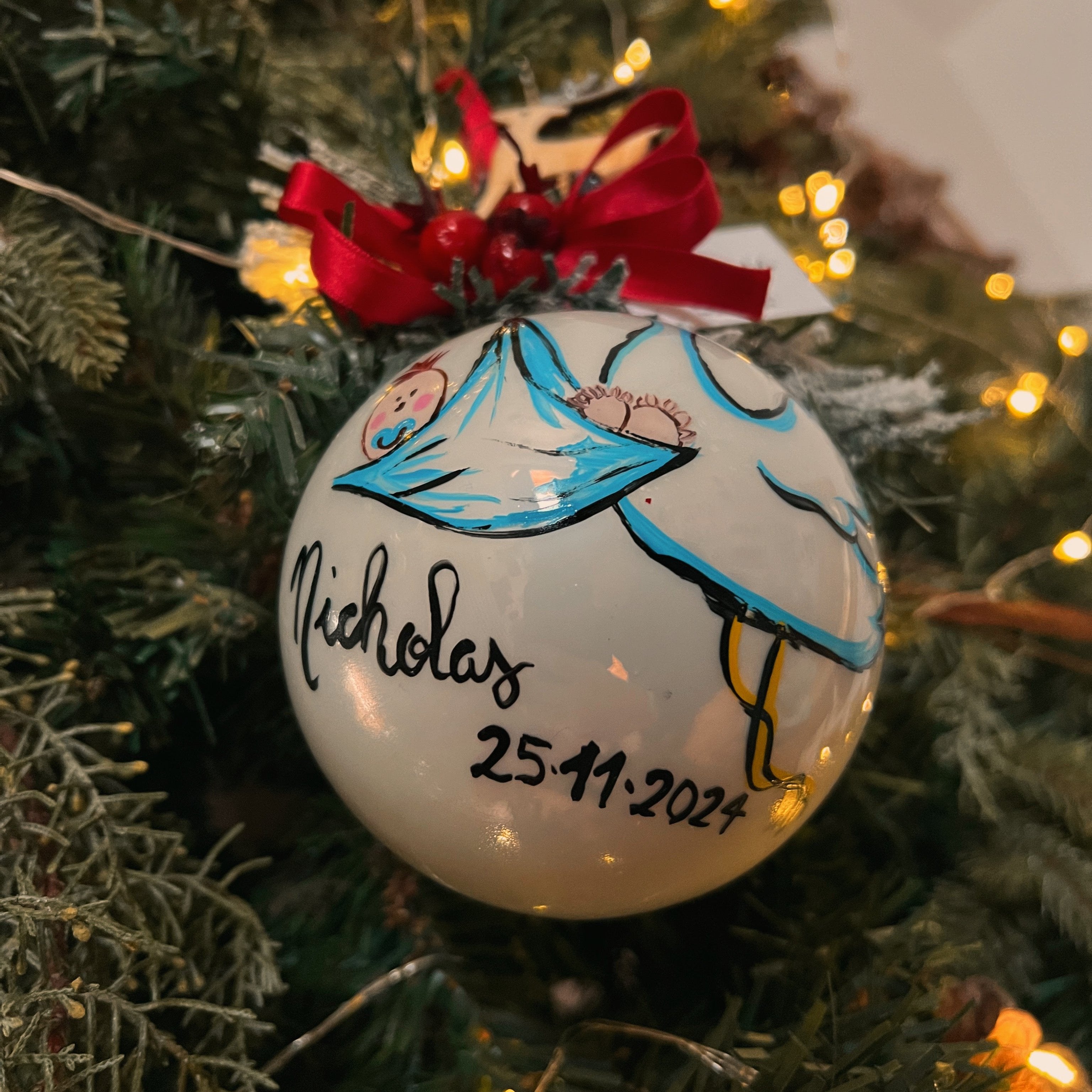 Sfera di Natale in Vetro Cicogna Nascita Dipinta A Mano