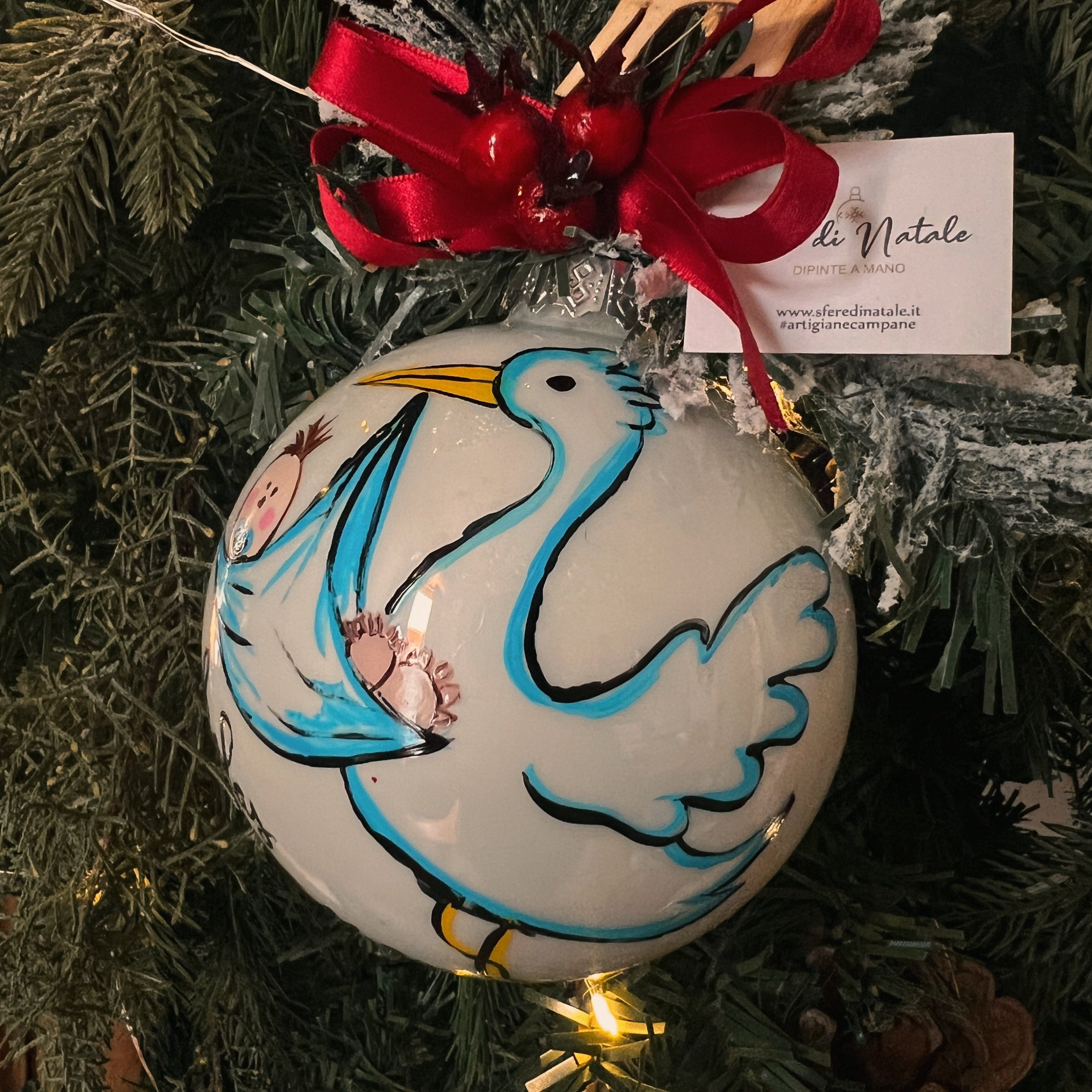 Sfera di Natale in Vetro Cicogna Nascita Dipinta A Mano
