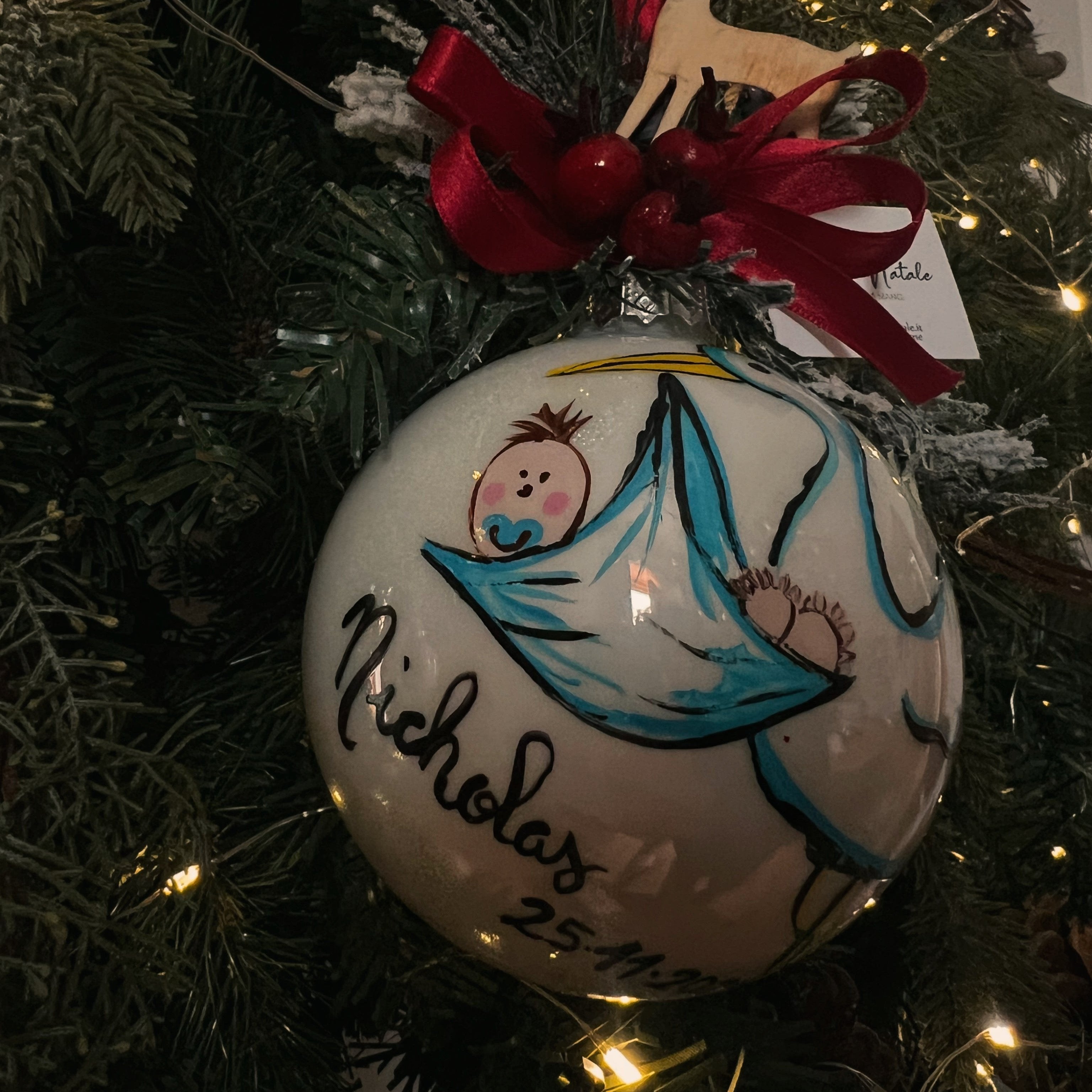 Sfera di Natale in Vetro Cicogna Nascita Dipinta A Mano
