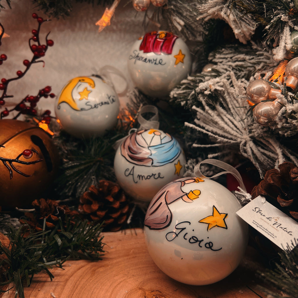 KIT 4 Sfere di Natale in Vetro Personalizzate Soggetti Natività, Angelo, Candele, Re Magi Dipinta A MANO 8cm Ø