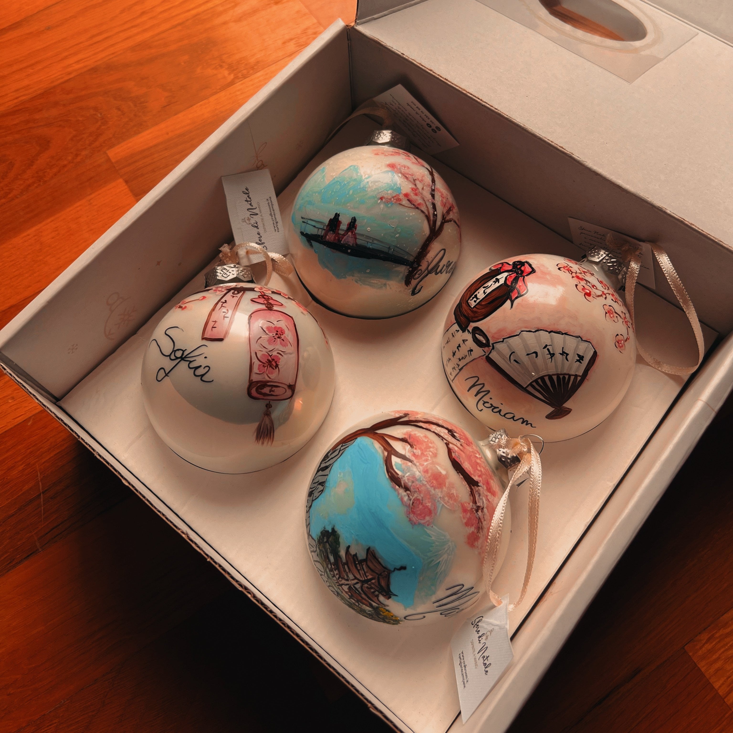 KIT 4 Sfere di Natale in Vetro Personalizzate Sakura 8cm Ø