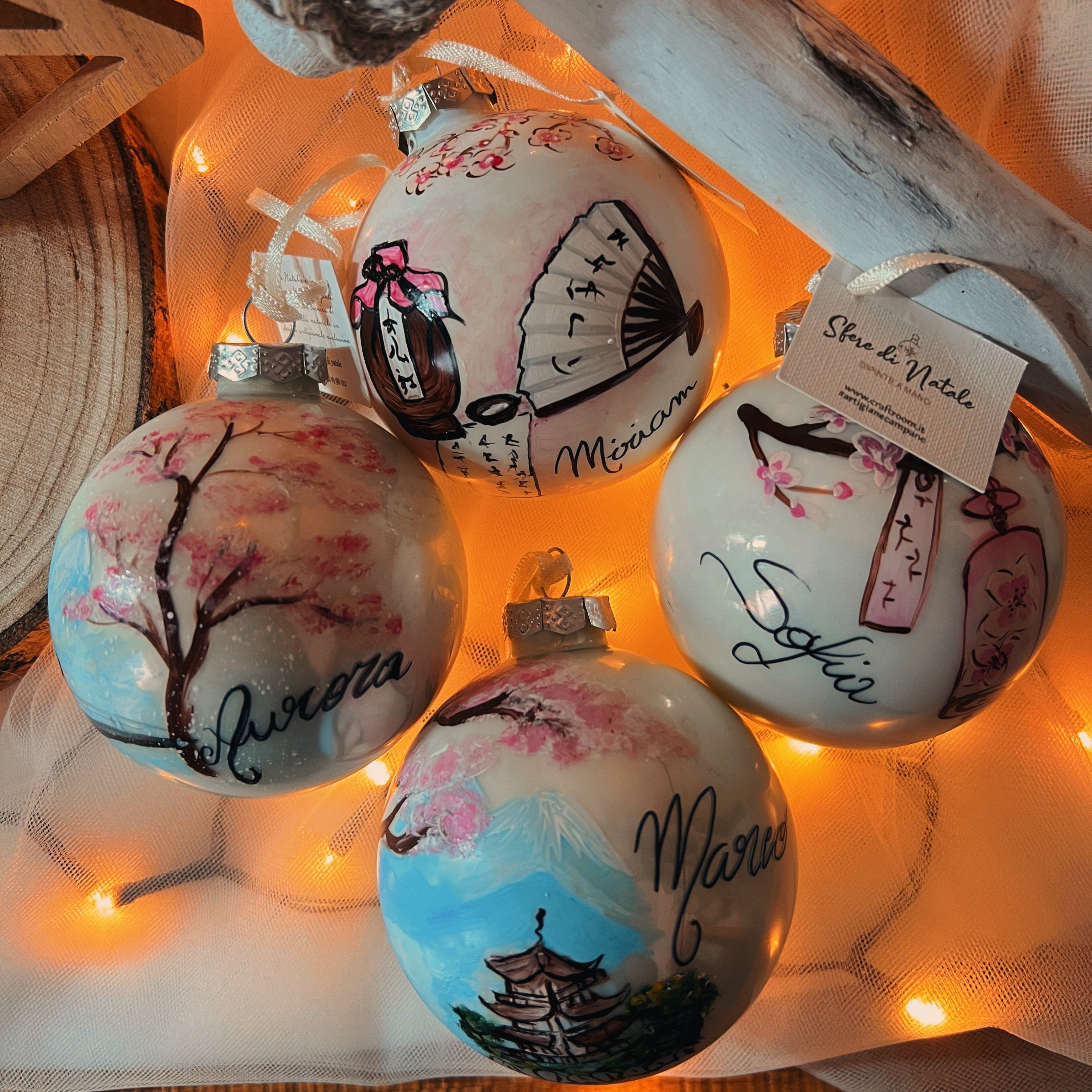 KIT 4 Sfere di Natale in Vetro Personalizzate Sakura 8cm Ø